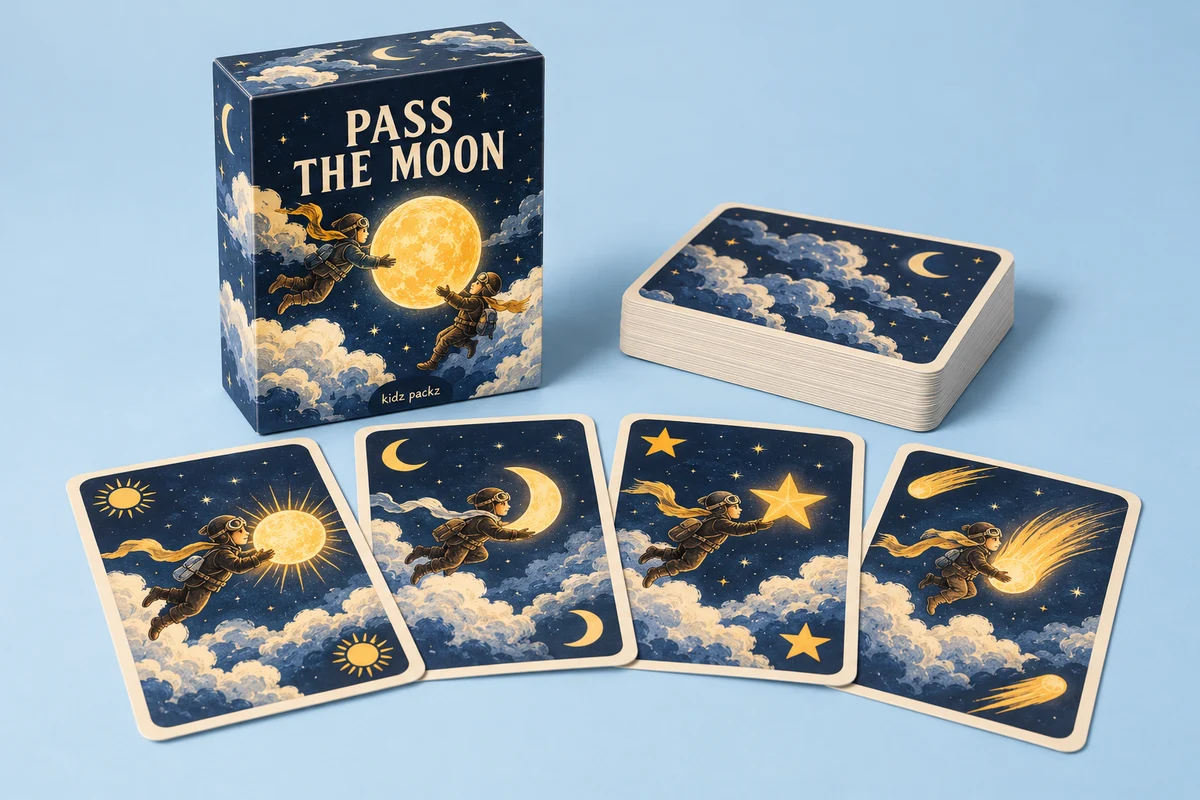Pass the Moon card deck and box with illustrated nighttime pilots, moons and stars