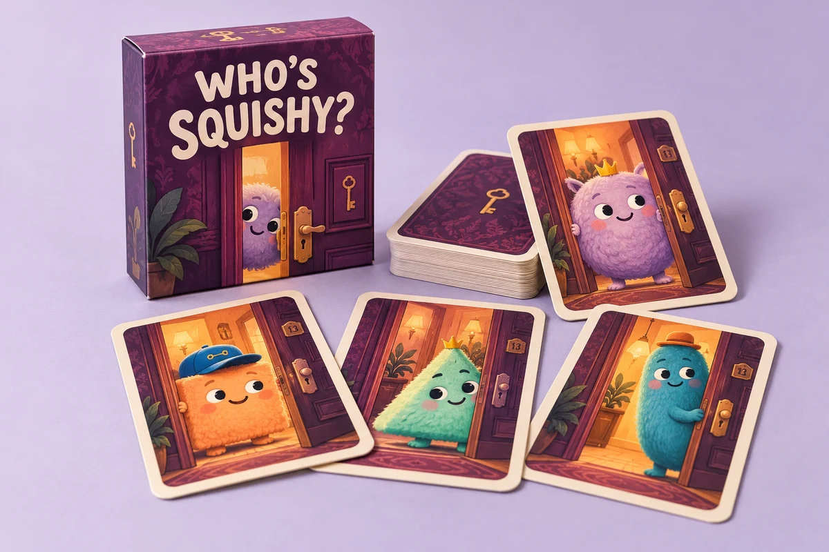 Who's Squishy illustrated character cards and a matching card-game box for younger children