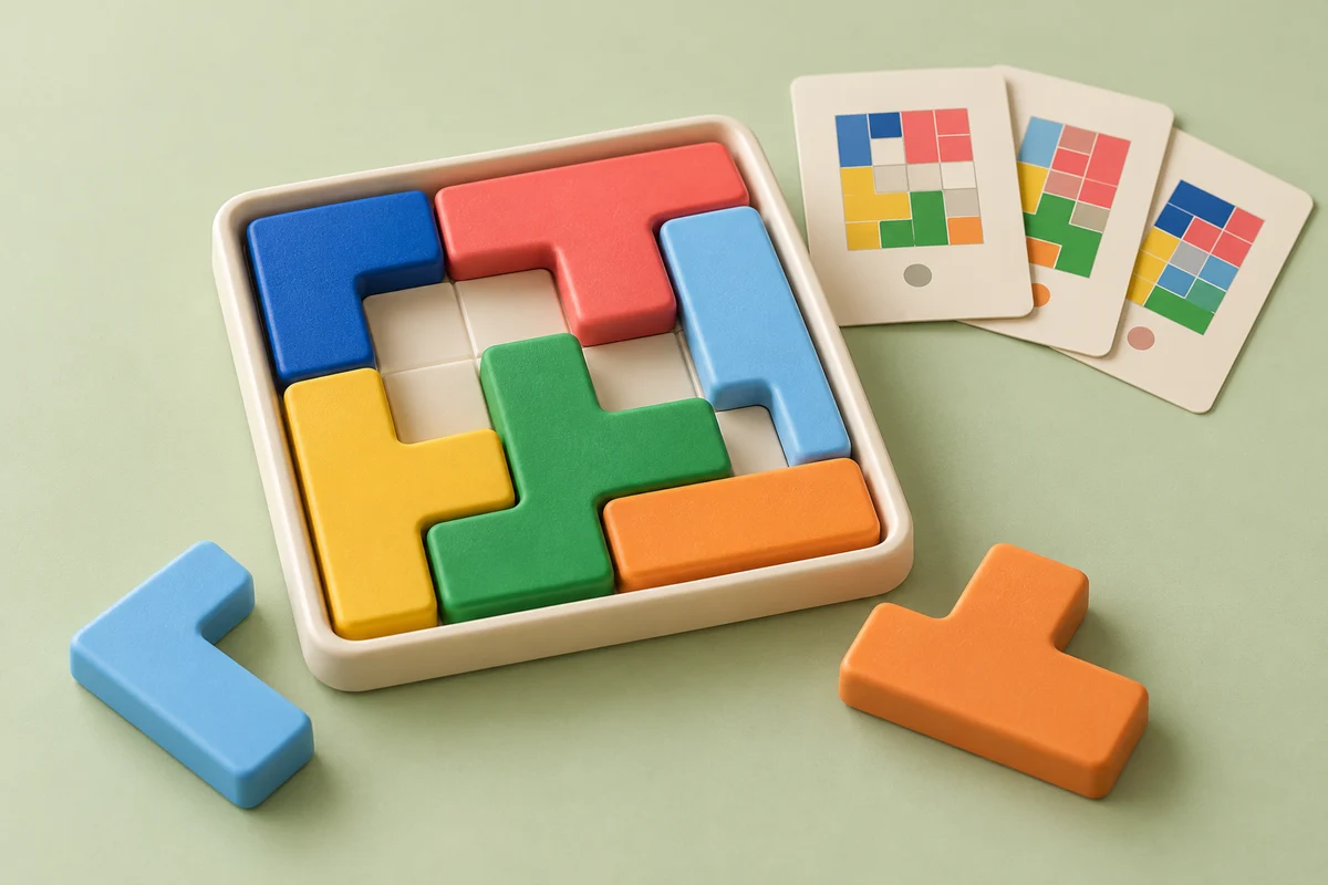 Compact physical logic puzzle with colorful interlocking pieces and illustrated challenge cards